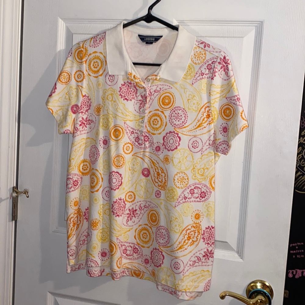 Lands’ end paisley top short sleeve collared womens large